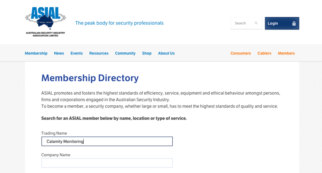 screenshot of ASIAL membership directory