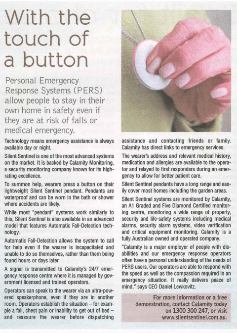 a newspaper clipping of an article about Personal Emergency Response Systems
