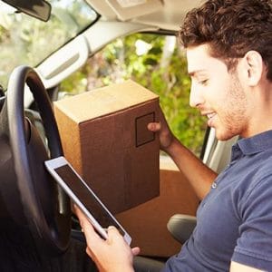 courier driver looking at Calamity Fearless app