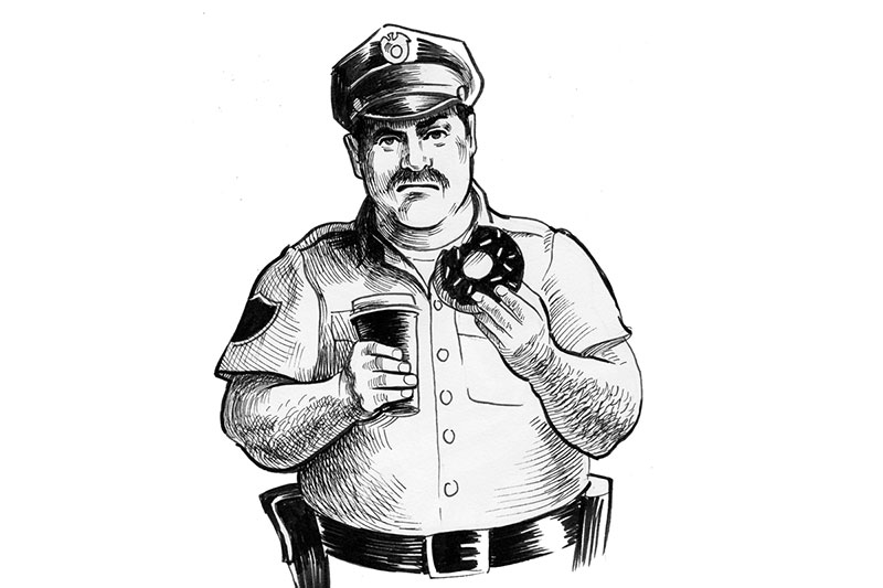 Cop character with a cup of coffee and doughnuts