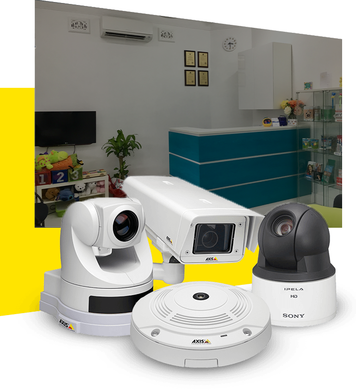 different types of security cameras and a room in background