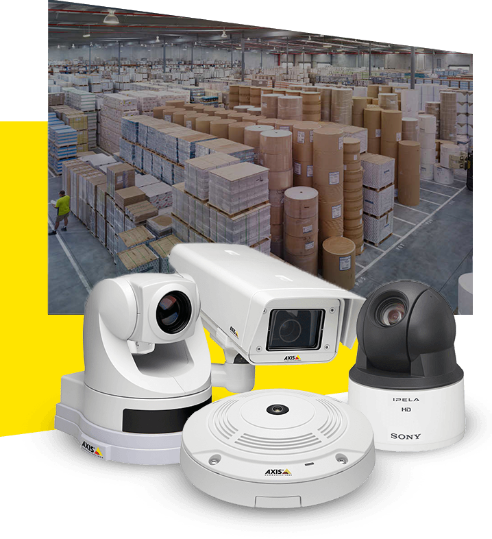 different types of security cameras and a warehouse in background