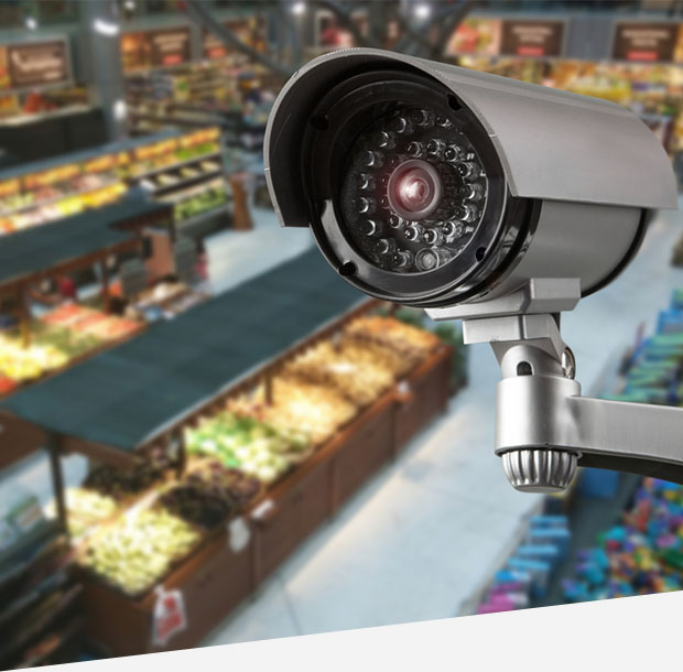 CCTV camera system security in shopping mall supermarket blur background